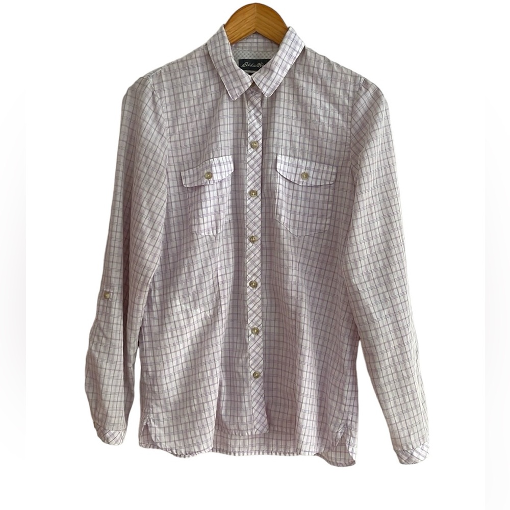 Eddie Bauer Travex Long Sleeve Button up shirt. Purple plaid travel. Gorpcore M